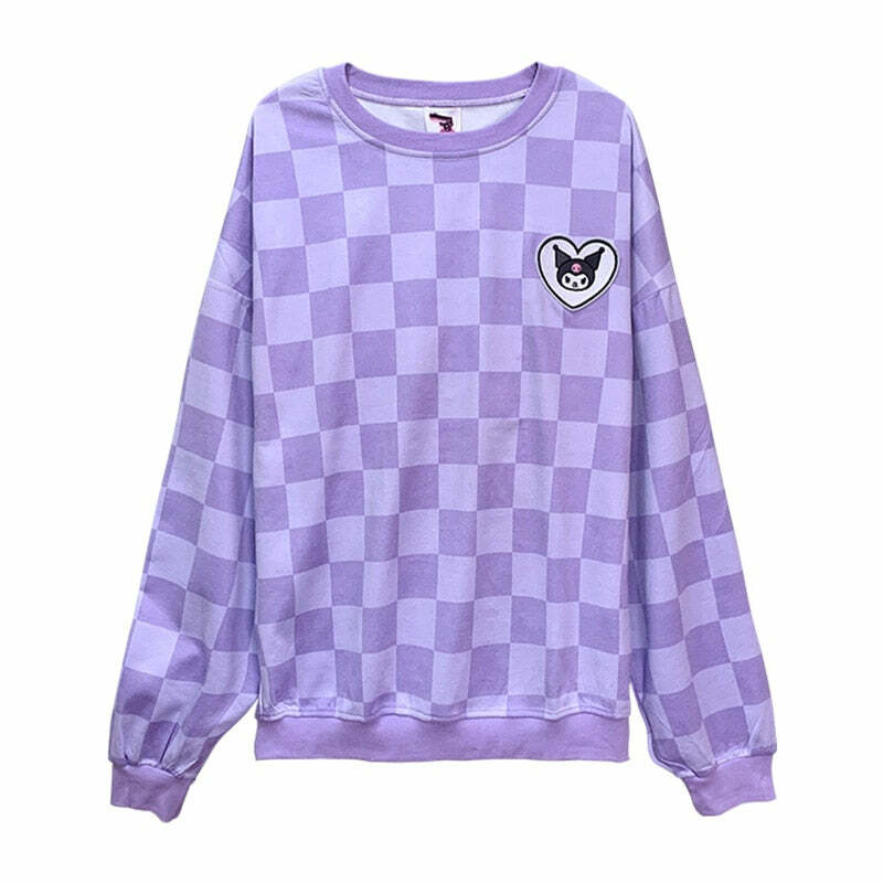 Y2K Grunge Kuromi Purple Checker Sweatshirt - Retro 90s Fashion, Pastel Goth, Y2K Outfits