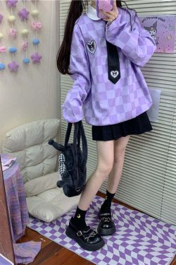 Y2K Grunge Kuromi Purple Checker Sweatshirt - Retro 90s Fashion, Pastel Goth, Y2K Outfits