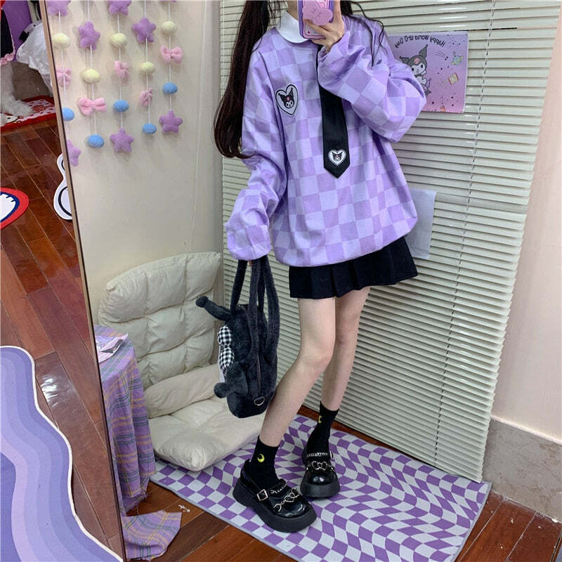 Y2K Grunge Kuromi Purple Checker Sweatshirt - Retro 90s Fashion, Pastel Goth, Y2K Outfits