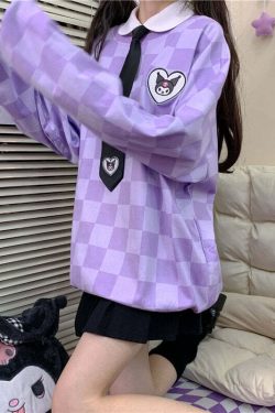 Y2K Grunge Kuromi Purple Checker Sweatshirt - Retro 90s Fashion, Pastel Goth, Y2K Outfits