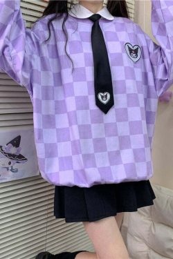 Y2K Grunge Kuromi Purple Checker Sweatshirt - Retro 90s Fashion, Pastel Goth, Y2K Outfits