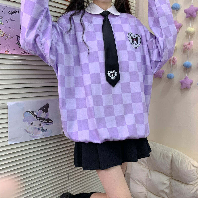 Y2K Grunge Kuromi Purple Checker Sweatshirt - Retro 90s Fashion, Pastel Goth, Y2K Outfits