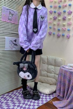 Y2K Grunge Kuromi Purple Checker Sweatshirt - Retro 90s Fashion, Pastel Goth, Y2K Outfits