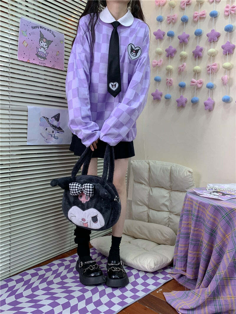 Y2K Grunge Kuromi Purple Checker Sweatshirt - Retro 90s Fashion, Pastel Goth, Y2K Outfits