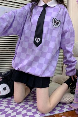 Y2K Grunge Kuromi Purple Checker Sweatshirt - Retro 90s Fashion, Pastel Goth, Y2K Outfits