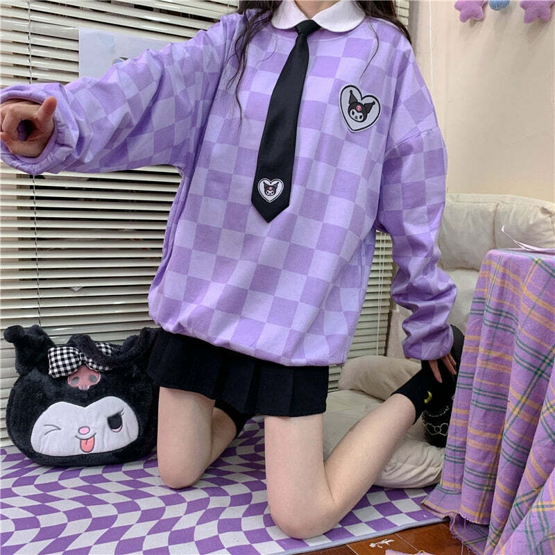 Y2K Grunge Kuromi Purple Checker Sweatshirt - Retro 90s Fashion, Pastel Goth, Y2K Outfits