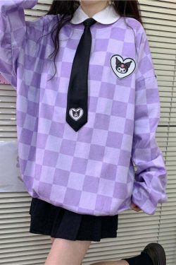 Y2K Grunge Kuromi Purple Checker Sweatshirt - Retro 90s Fashion, Pastel Goth, Y2K Outfits