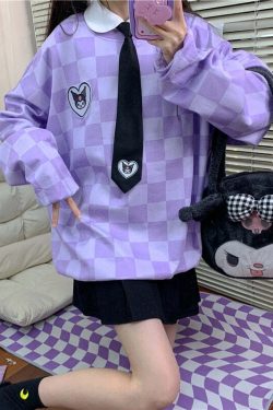 Y2K Grunge Kuromi Purple Checker Sweatshirt - Retro 90s Fashion, Pastel Goth, Y2K Outfits