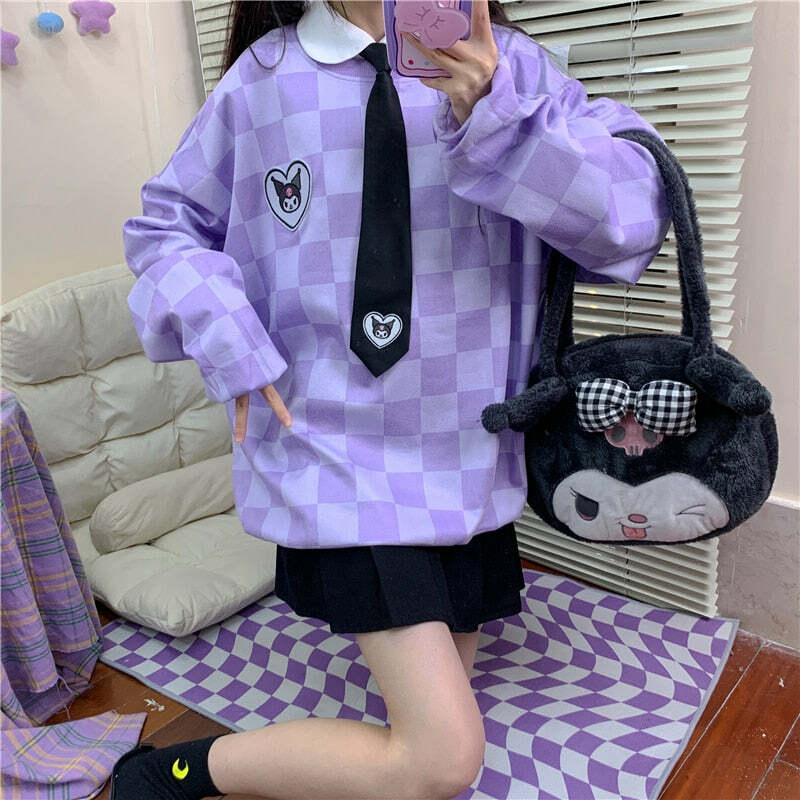 Y2K Grunge Kuromi Purple Checker Sweatshirt - Retro 90s Fashion, Pastel Goth, Y2K Outfits