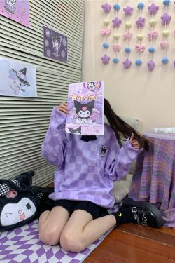 Y2K Grunge Kuromi Purple Checker Sweatshirt - Retro 90s Fashion, Pastel Goth, Y2K Outfits