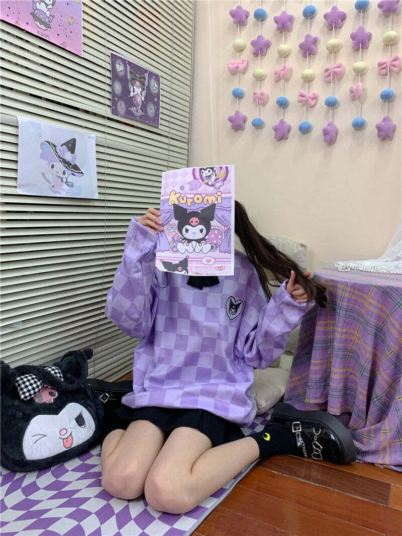 Y2K Grunge Kuromi Purple Checker Sweatshirt - Retro 90s Fashion, Pastel Goth, Y2K Outfits