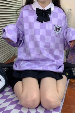 Y2K Grunge Kuromi Purple Checker Sweatshirt - Retro 90s Fashion, Pastel Goth, Y2K Outfits