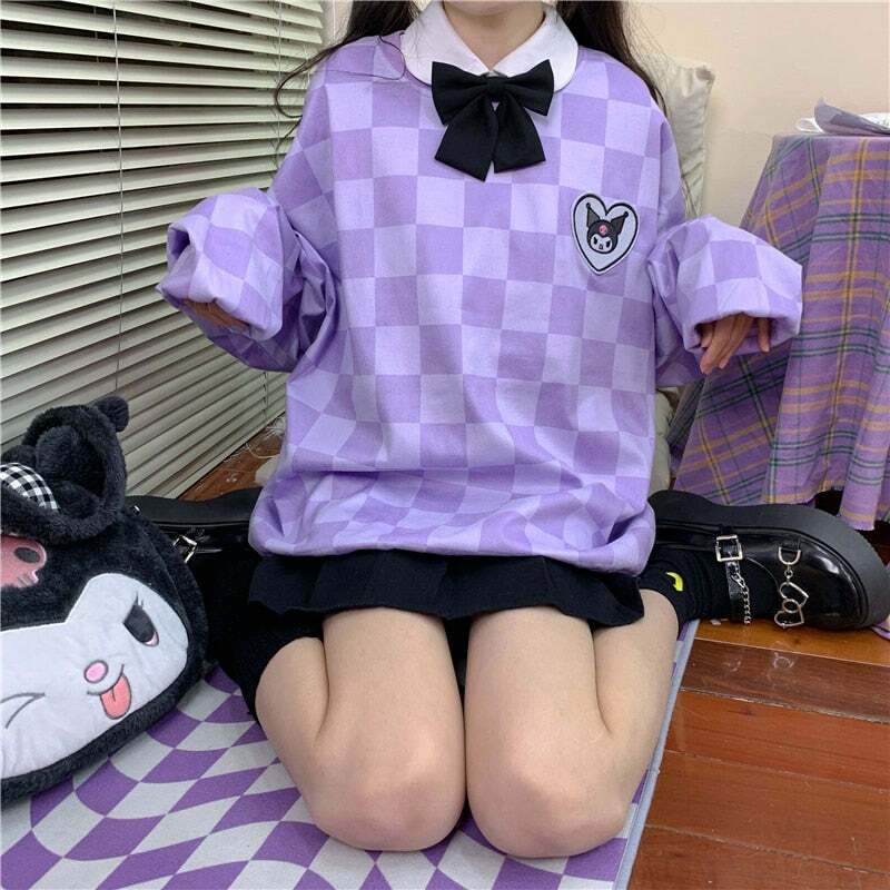 Y2K Grunge Kuromi Purple Checker Sweatshirt - Retro 90s Fashion, Pastel Goth, Y2K Outfits
