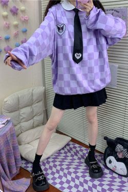 Y2K Grunge Kuromi Purple Checker Sweatshirt - Retro 90s Fashion, Pastel Goth, Y2K Outfits