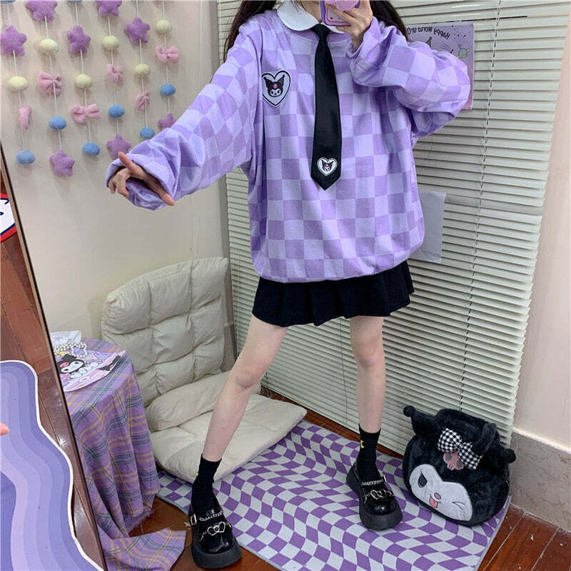 Y2K Grunge Kuromi Purple Checker Sweatshirt - Retro 90s Fashion, Pastel Goth, Y2K Outfits