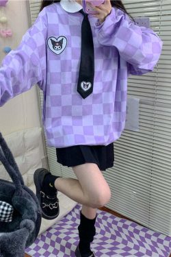 Y2K Grunge Kuromi Purple Checker Sweatshirt - Retro 90s Fashion, Pastel Goth, Y2K Outfits