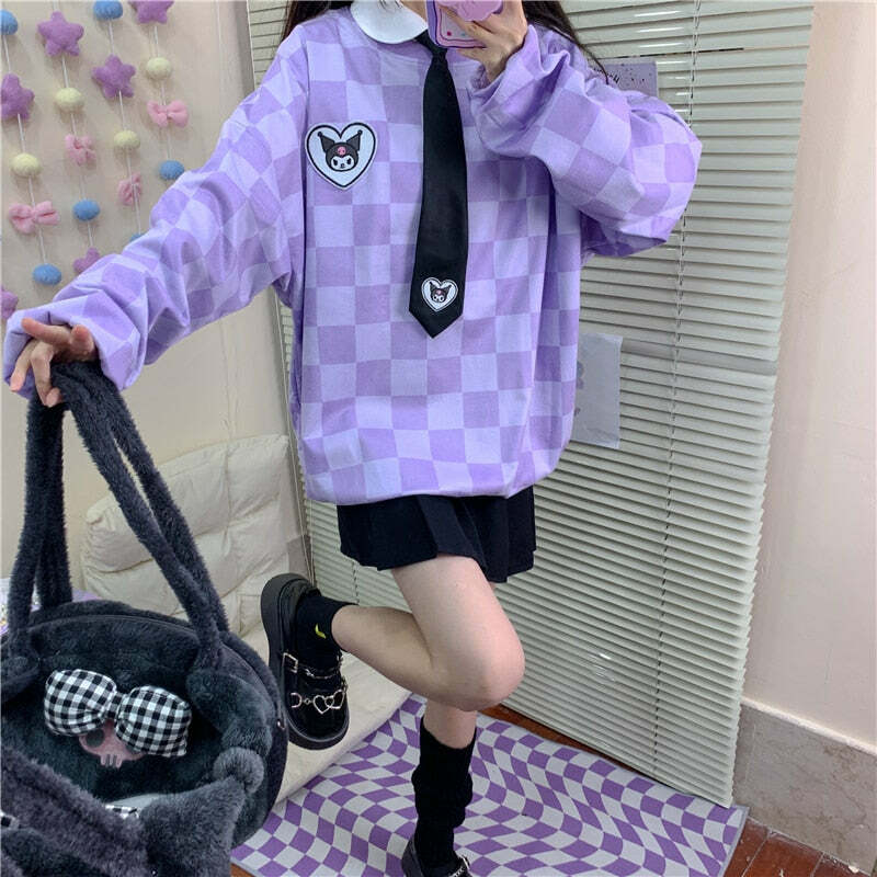 Y2K Grunge Kuromi Purple Checker Sweatshirt - Retro 90s Fashion, Pastel Goth, Y2K Outfits