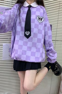 Y2K Grunge Kuromi Purple Checker Sweatshirt - Retro 90s Fashion, Pastel Goth, Y2K Outfits