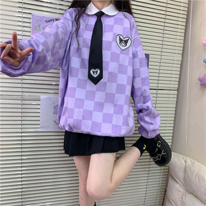 Y2K Grunge Kuromi Purple Checker Sweatshirt - Retro 90s Fashion, Pastel Goth, Y2K Outfits