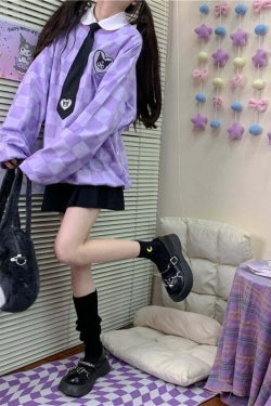 Y2K Grunge Kuromi Purple Checker Sweatshirt - Retro 90s Fashion, Pastel Goth, Y2K Outfits