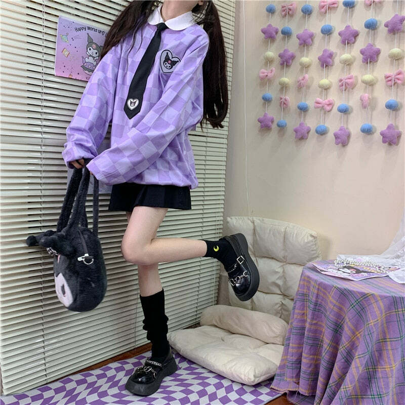 Y2K Grunge Kuromi Purple Checker Sweatshirt - Retro 90s Fashion, Pastel Goth, Y2K Outfits