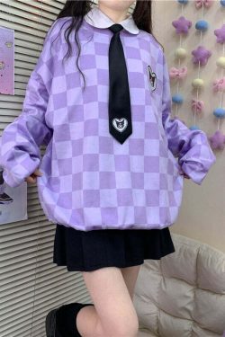 Y2K Grunge Kuromi Purple Checker Sweatshirt - Retro 90s Fashion, Pastel Goth, Y2K Outfits