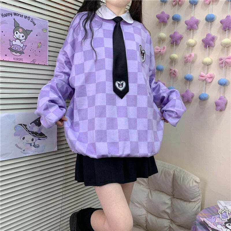 Y2K Grunge Kuromi Purple Checker Sweatshirt - Retro 90s Fashion, Pastel Goth, Y2K Outfits