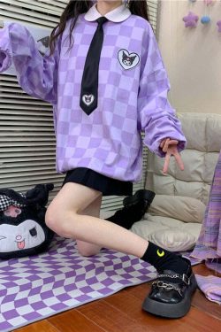 Y2K Grunge Kuromi Purple Checker Sweatshirt - Retro 90s Fashion, Pastel Goth, Y2K Outfits