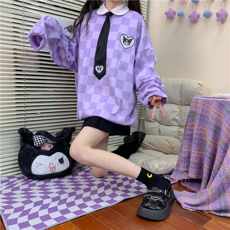 Y2K Grunge Kuromi Purple Checker Sweatshirt - Retro 90s Fashion, Pastel Goth, Y2K Outfits