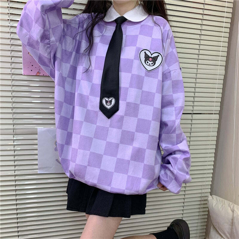 Y2K Grunge Kuromi Purple Checker Sweatshirt - Retro 90s Fashion, Pastel Goth, Y2K Outfits