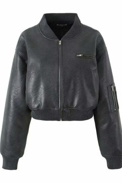 Y2K Grunge Leather Bomber Jacket - Retro 90s Fashion, Summer Outfits, and Clubwear