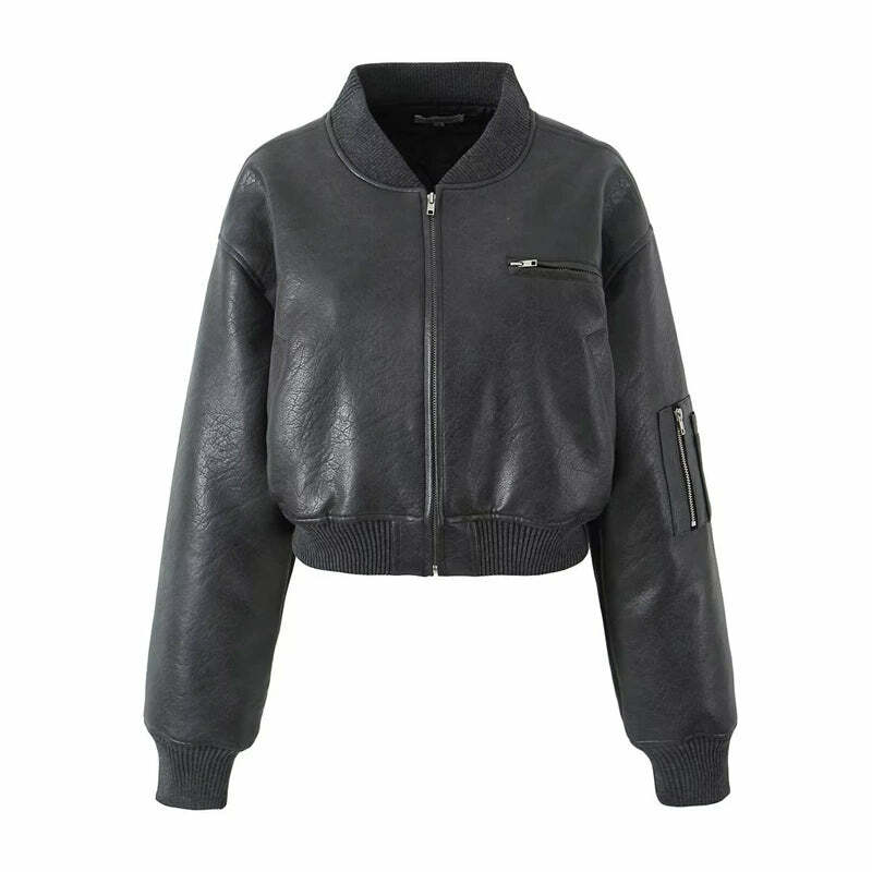 Y2K Grunge Leather Bomber Jacket - Retro 90s Fashion, Summer Outfits, and Clubwear