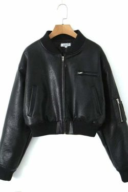 Y2K Grunge Leather Bomber Jacket - Retro 90s Fashion, Summer Outfits, and Clubwear
