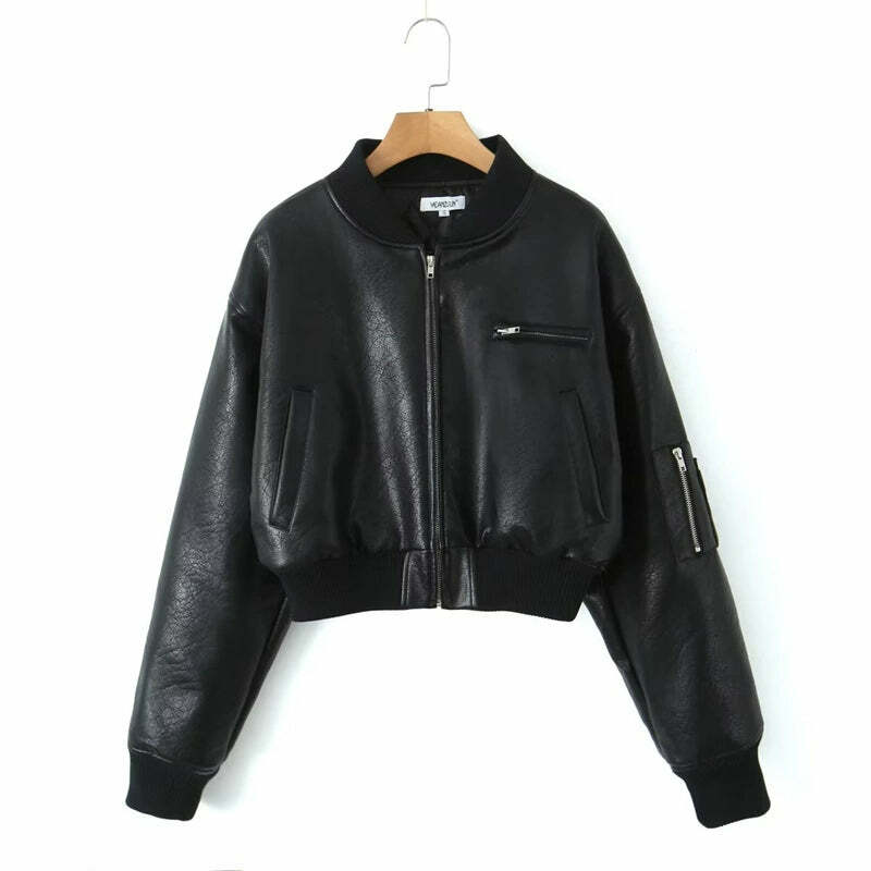 Y2K Grunge Leather Bomber Jacket - Retro 90s Fashion, Summer Outfits, and Clubwear