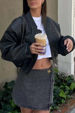 Y2K Grunge Leather Bomber Jacket - Retro 90s Fashion, Summer Outfits, and Clubwear