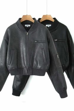 Y2K Grunge Leather Bomber Jacket - Retro 90s Fashion, Summer Outfits, and Clubwear