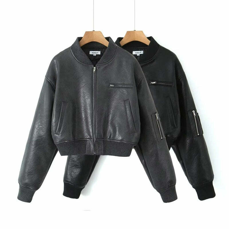 Y2K Grunge Leather Bomber Jacket - Retro 90s Fashion, Summer Outfits, and Clubwear