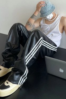 Y2K Grunge Leather Jogger Pants - Retro 90s Hip Hop Fashion for Summer Outfits and Parties