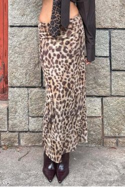Y2K Grunge Leopard Mesh Maxi Skirt - Retro 90s Summer Outfit, Gothic Y2K Fashion