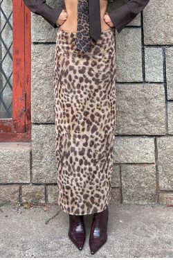 Y2K Grunge Leopard Mesh Maxi Skirt - Retro 90s Summer Outfit, Gothic Y2K Fashion