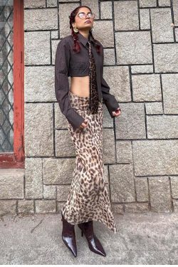 Y2K Grunge Leopard Mesh Maxi Skirt - Retro 90s Summer Outfit, Gothic Y2K Fashion