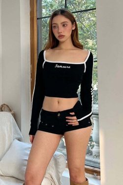 Y2K Grunge Letter Print Long Sleeve Top - Retro 90s Fashion, Summer Y2K Outfits, Pastel Goth