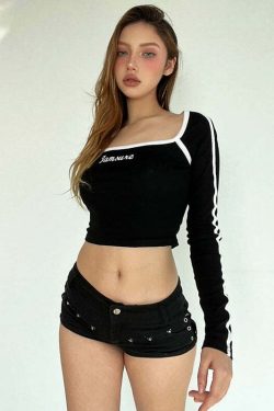 Y2K Grunge Letter Print Long Sleeve Top - Retro 90s Fashion, Summer Y2K Outfits, Pastel Goth