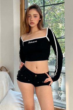 Y2K Grunge Letter Print Long Sleeve Top - Retro 90s Fashion, Summer Y2K Outfits, Pastel Goth