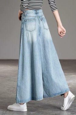 Y2K Grunge Light Blue Wide Leg Denim Pants - Retro 90s Fashion, Casual Pockets, Summer Fit
