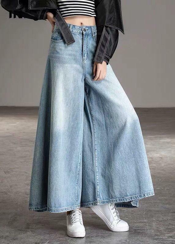 Y2K Grunge Light Blue Wide Leg Denim Pants - Retro 90s Fashion, Casual Pockets, Summer Fit