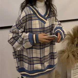 Y2K Grunge Long-Sleeve V-Neck Plaid Sweater - Retro 90s Fashion, Summer & Party Outfits