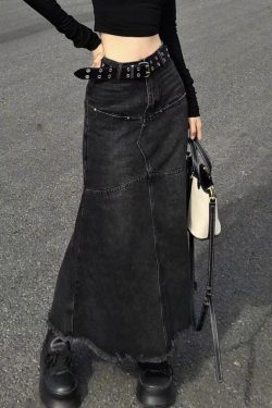 Y2K Grunge Long Black Denim Skirt - Retro 90s Fashion, Summer Y2K Outfits, Gothic Y2K Style