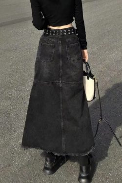 Y2K Grunge Long Black Denim Skirt - Retro 90s Fashion, Summer Y2K Outfits, Gothic Y2K Style