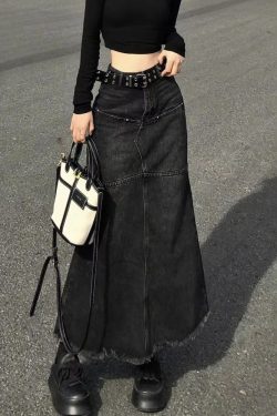 Y2K Grunge Long Black Denim Skirt - Retro 90s Fashion, Summer Y2K Outfits, Gothic Y2K Style